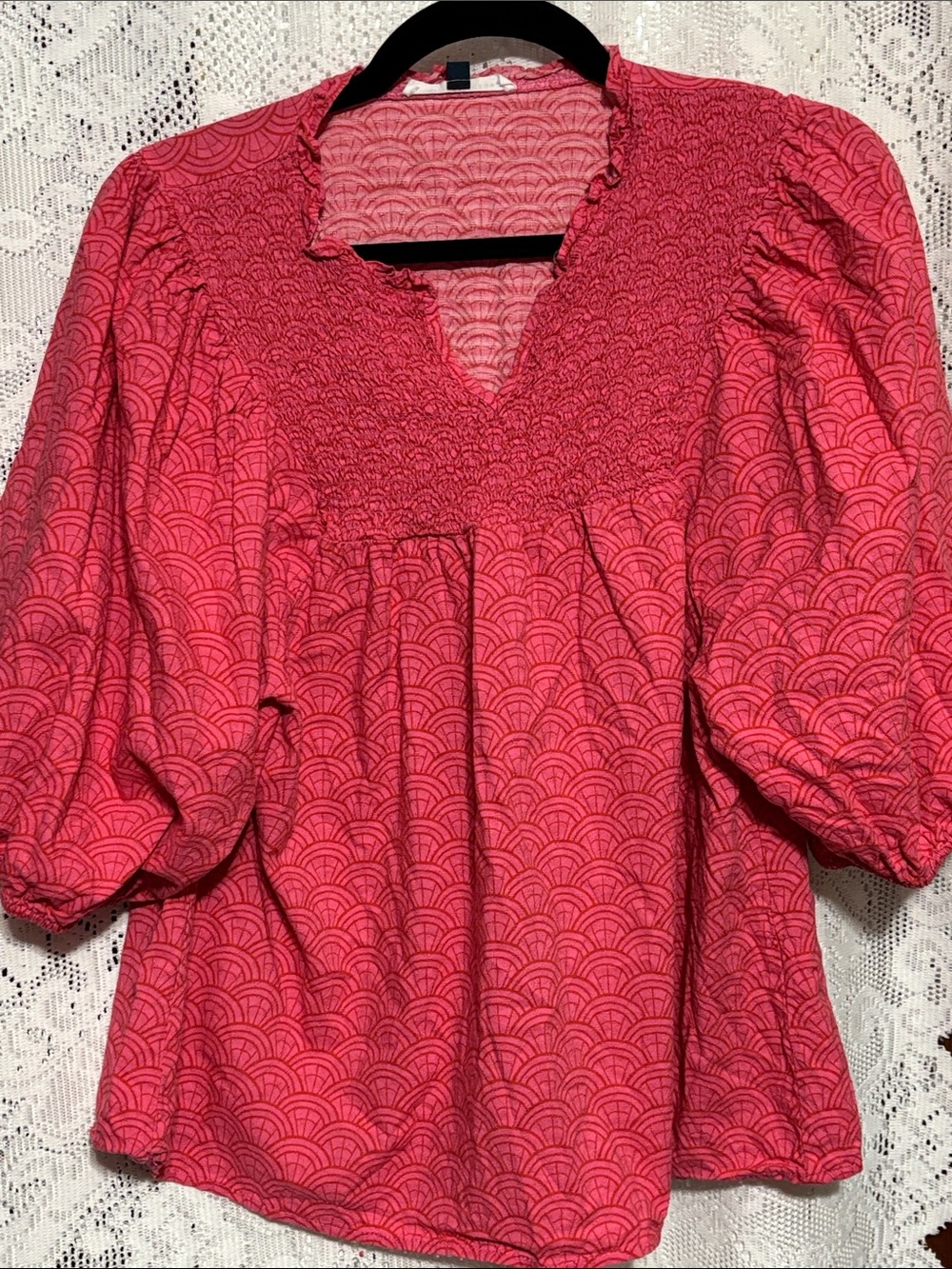 Smocked V-Neck Puff Sleeve Blouse in Bright Pink